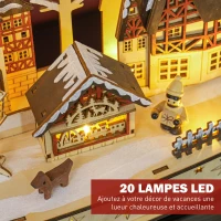 HOMCOM Village de Noël lumineux, village de Noël animé en bois, avec 20 LED, paysage enneigé, 45L x 12l x 30H cm, bois naturel(m-5)