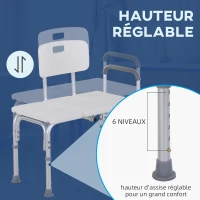 HOMCOM Tabouret de douche chaise de douche dossier ergonomique hauteur réglable pieds antidérapants grande assise charge max. 136 kg 74 x 53 x 80-92 cm blanc(m-5)