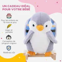 HOMCOM Pingouin à bascule cheval à bascule pour enfants +18 mois avec musique, poignées et ceinture de sécurité Gris(m-7)