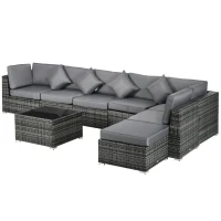 Outsunny 8 Pieces PE Rattan Corner Sofa Set, Outdoor Garden Furniture Set, Patio Wicker Sofa Seater w/ Cushion, Washable Cushion Cover & Tempered Glass Table, Grey(m-11)
