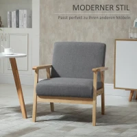 HOMCOM Sessel im Skandi-Design, Akzentsessel, Massivholz, Leinenoptik, 64 cm x 70 cm x 72 cm, Grau + Natur(m-4)