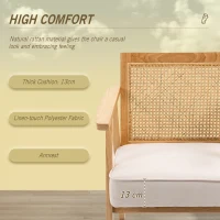 HOMCOM Comfortable Lounge Chair Rattan Chair with Thick Cushion - Rattan Backrest - Deep Seat - Hevea Wood Frame Linen-Look Beige(m-5)