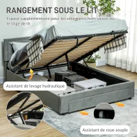 HOMCOM Cadre de lit double sommier coffre à vérins, tiroir à roulettes, tête de lit réglable capitonnée effet velours, gris(m-4)