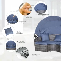 Outsunny Outdoor PE Rattan Garden Furniture with Cushioned, Patio Wicker Conversation Furniture Set, Round Daybed with Retractable Canopy, Coffee Table and Three Pillows, Grey/Blue Grey(m-5)