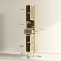 HOMCOM Badezimmerschrank Aufbewahrungsschrank mit Rattantüren Schublade 2 Schränken 32 x 30 x 170 cm Eiche(m-3)