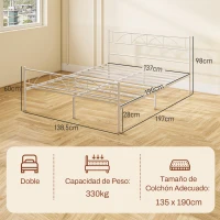 HOMCOM Cama Doble 135x190 cm con Cabecera Listones de Acero y Espacio de Almacenamiento Debajo de la Cama Carga 330 kg Blanco(m-4)