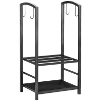 Outsunny Portalegna da Interno ed Esterno in Metallo a 2 Ripiani, Porta Legna per Interni, Paletta, Scopa, Attizzatoio e Pinza, 40x30x74.5 cm, Nero(m-9)