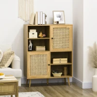 HOMCOM Buffet storage cabinet tall wood and rattan design 2 doors - dim. 90L x 32.5W x 120H cm(m-2)