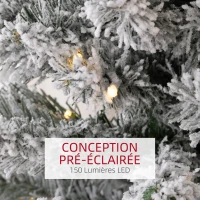 HOMCOM Sapin de Noël artificiel 180 cm avec éclairage LED blanc chaud, 329 branches enneigées, base en métal, réaliste et fin(m-5)