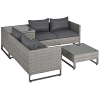 Outsunny 4 Pieces Rattan Garden Furniture Set, 4 Seater Garden Sofa Set with Storage Box, Loveseats and Glass Top Table, Wicker Outdoor Conservatory Furniture with Cushions for Outdoor, Patio, Grey(m-11)