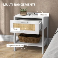 HOMCOM Table de chevet table de nuit avec tiroir et étagère, cannage en rotin, dim. 40L x 40l x 48H cm blanc(m-5)