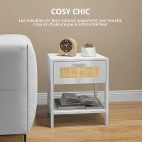 HOMCOM Table de chevet table de nuit avec tiroir et étagère, cannage en rotin, dim. 40L x 40l x 48H cm blanc(m-6)