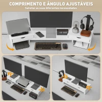 HOMCOM Suporte para Monitor com Ângulo e Comprimento Ajustável e 2 Gavetas para Escritório 60-116x22x12 cm Branco(m-4)