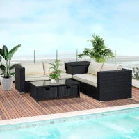 Outsunny 4 Pieces Rattan Garden Furniture Set, 4 Seater Corner Sofa Set with Storage Box, 2 Drawers Coffee Table, Loveseats with Cushions, Wicker Garden Conservatory Furniture for Balcony, Black(m-2)