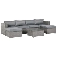 Outsunny 5 PCs PE Rattan Wicker Corner Sofa Set Bonzer Outdoor Conservatory Furniture Lawn Patio Tea Table Footstool w/ Cushion - Grey(m-1)
