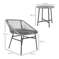 Outsunny 3 Pieces Rattan Bistro Set, Wicker Small Garden Table and Chairs Set with Cushions and Glass Top Coffee Table, Bistro Garden Furniture Set for Outdoor, Patio, Balcony, Light Grey(m-3)
