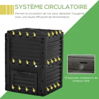 Outsunny Composteur de jardin 300L bac composteur pour jardin en polypropylène 48 aérations 60,5 x 60,5 x 81,5 cm noir(m-7)