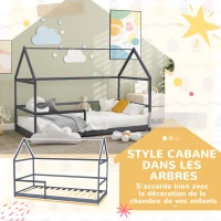 AIYAPLAY Lit cabane enfant lit pour enfant 3-8 ans cadre de lit barrières de sécurité 196L x 97,5l x 135H cm bois de pin gris(m-6)