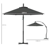 Outsunny 3(m) Garden Cantilever Parasol, Round Overhanging Umbrella with Crank Handle, Cross Base, Aluminium Frame and 360° Rotation, Banana Patio Umbrella for Outdoor Sun Shade, Grey(m-3)