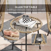 Outsunny 3 Pieces Rattan Bistro Set, Wicker Small Garden Table and Chairs Set with Cushions and Glass Top Coffee Table, Bistro Garden Furniture Set for Outdoor, Patio, Balcony, Natural(m-7)