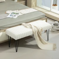 HOMCOM Banc bout de lit banquette en tissu bouclette blanc avec pieds épingle en métal noir 118,5l x 46P x 49,5H cm crème(m-7)
