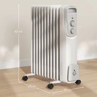 HOMCOM Radiateur bain d'huile 2500W, chauffage électrique silencieux, 3 niveaux de chaleur réglable, roulette, blanc(m-3)
