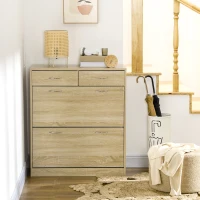 HOMCOM Schuhschrank 2 Schubladen und 2 klappbare Türen mit verstellbarem Regal 80 x 30 x 91,5 cm Griffe aus Alu. Natur(m-4)