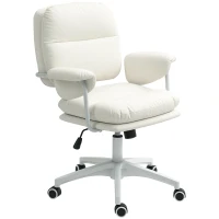 HOMCOM Chaise de bureau réglable en hauteur avec coussin doux et revêtement en simili cuir, roulettes flexibles et fonction d'inclinaison, Blanc(m-1)
