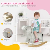 AIYAPLAY Cheval à bascule pour enfant, jouet à bascule en peluche, en forme d'éléphant, à effets sonores, avec poignées, gris(m-5)