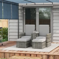 Outsunny Rattan Sun Lounger w/ Storage Tea Table & Footstools, Grey(m-2)