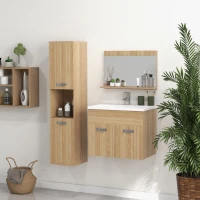kleankin Badezimmermöbel-Set Badezimmerspiegelschrank + suspendierter Unterschrank mit Waschbecken + Säulenschrank natur(m-4)