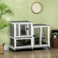 PawHut Innenhasenstall aus Holz mit Rollen 3 Etagen Rampen - Maße 110L x 50B x 86H cm - Grau und Weiß(m-2)
