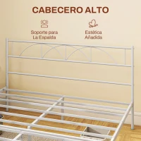 HOMCOM Cama Doble 135x190 cm con Cabecera Listones de Acero y Espacio de Almacenamiento Debajo de la Cama Carga 330 kg Blanco(m-5)