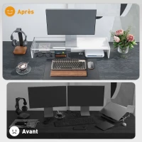 HOMCOM Rehausseur écran PC bureau support d'écran d'ordinateur de 100 cm support moniteur avec deux compartiments, blanc(m-6)