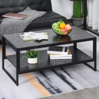 HOMCOM Tavolino da Caffè Nero, Tavolino Effetto Marmo con Ripiano Inferiore, da Soggiorno o Ufficio, Design Moderno, Telaio in Acciaio, 106x50x45cm, Nero(m-2)