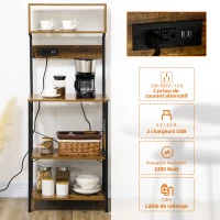 HOMCOM Étagère de cuisine support pour micro-ondes avec 2 chargeurs USB et 2 prise de courant, 5 crochets et étagère réglable(m-4)