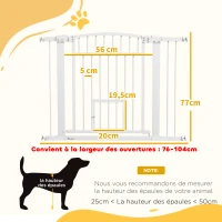 PawHut Barrière de sécurité chien système de double verrouillage montage par pression ou perçage largeur 76-104 cm blanc(m-3)