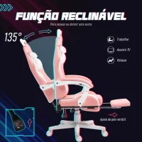 HOMCOM Cadeira Gaming com Orelhas Cadeira Gamer Reclinável com Altura Ajustável e Suporte Lombar 65x62x116-124 cm Rosa e Branco(m-6)