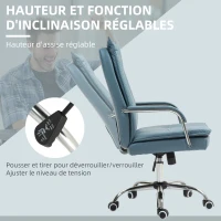 HOMCOM Chaise de bureau fauteuil de bureau hauteur réglable, dossier haut inclinable, accoudoirs et roulettes, bleu(m-4)