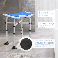 HOMCOM Tabouret de douche siège de douche hauteur ajustable 39-51,5 cm barre d'appui à ventouse patins à ventouse bleu foncé(m-4)
