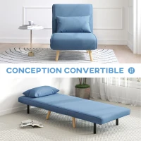 HOMCOM Fauteuil chauffeuse convertible 3 en 1 lit fauteuil lit 1 place dossier 5 positions en tissu avec coussin, bleu(m-4)