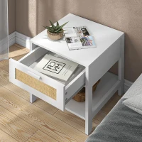 HOMCOM Table de chevet table de nuit avec tiroir et étagère, cannage en rotin, dim. 40L x 40l x 48H cm blanc(m-8)