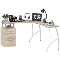HOMCOM L-Shaped Computer Desk Table with Storage Drawer, Home Office Desk Corner Industrial Style Workstation for A4 Files 143.5 x 143.5 x 76cm, Oak(m-11)