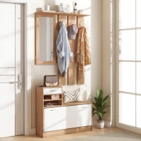 HOMCOM Eingangsmöbelset Garderobe mit Garderobenpaneel, Spiegel und Schuhschrank - 6 Haken und verstellbares Regal(m-2)