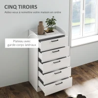 HOMCOM Commode à 5 tiroirs, commode chambre, avec glissières et poignées métalliques, anti-basculement, 60 x 40 x 114 cm, blanc(m-5)