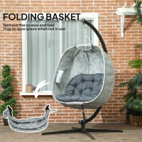 Outsunny Hanging Egg Chair Outdoor Indoor Garden Swing Chair with Folding Basket, Garden Hanging Chair with Stand, Thickened Cushion, Cup Holder for Patio, Balcony, Grey(m-6)