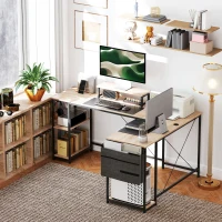 HOMCOM Bureau d'angle modulable réversible 168-240 cm style industriel - étagère réglable, sac de rangement, support d'écran(m-9)