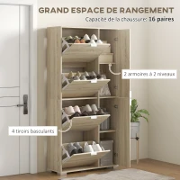 HOMCOM Meuble à chaussures avec 4 abattants, 2 placards et façades miroir pour 16 paires de chaussures, meuble d'entrée(m-5)