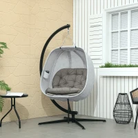 Outsunny Hanging Egg Chair Outdoor Indoor Garden Swing Chair with Folding Basket, Garden Hanging Chair with Stand, Thickened Cushion, Cup Holder for Patio, Balcony, Sand Brown(m-2)