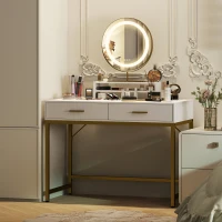 HOMCOM Coiffeuse avec Miroir pivotant à 360°, Éclairage LED, 2 tiroirs, Blanc/Or(m-2)
